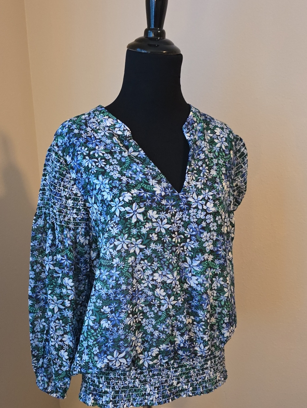 Karl Lagerfeld Blue & Green Floral V-Neck Smocked Blouse